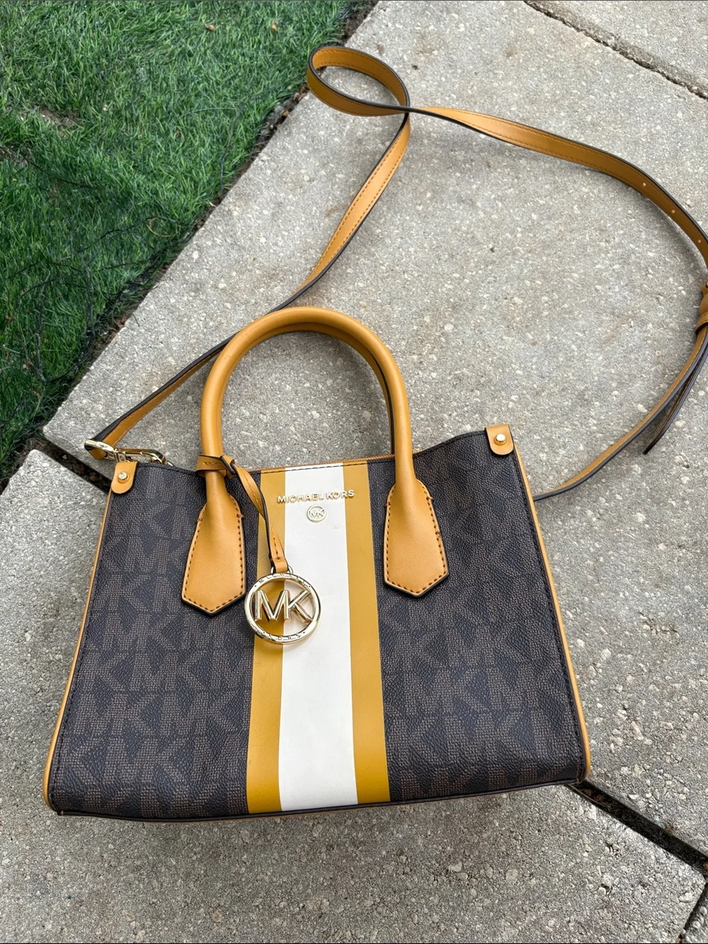 Michael Kors Brown Signature Satchel with Yellow and White Stripes